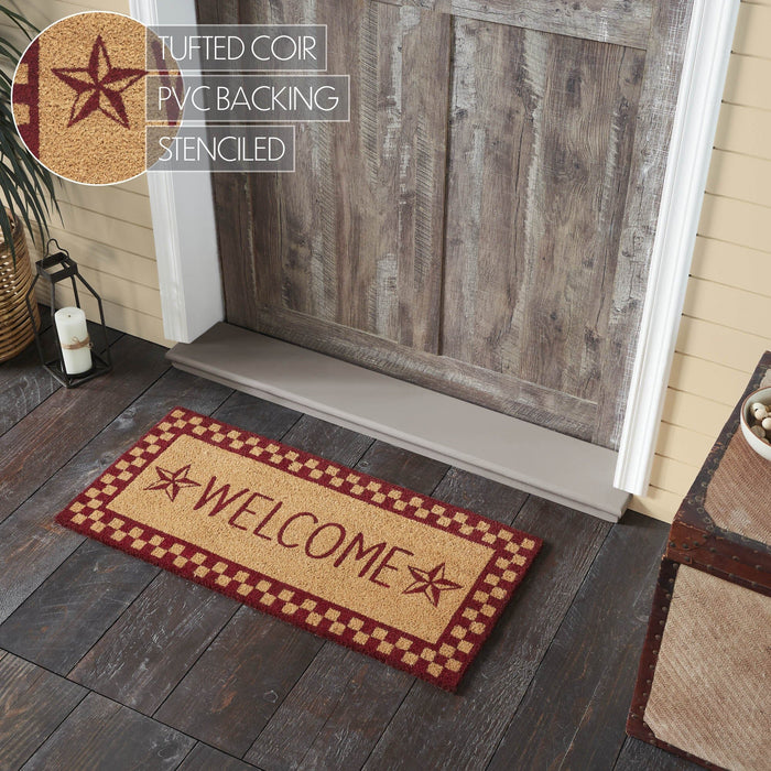 Burgundy Check Stars "Welcome" Coir Rectangle Rug 17x36" - Primitive Star Quilt Shop