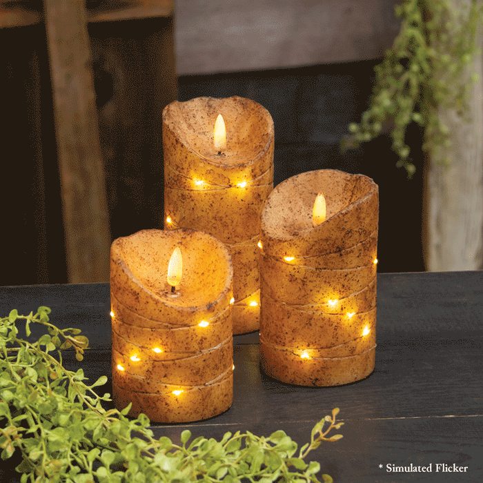 Burnt Ivory LED Wrapped Flicker Flame Timer Pillar Candle - 5" - Primitive Star Quilt Shop