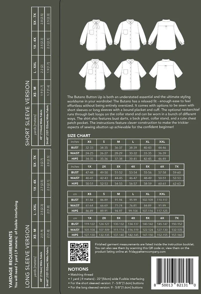 Butano Button Up Sewing Pattern – relaxed button-up shirt with optional neckerchief, XS-7X