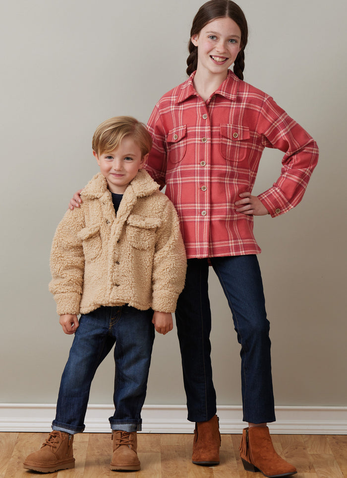Butterick sewing pattern B6916 for family-sized shackets with button front, flap pockets, long sleeves, and hem variations.