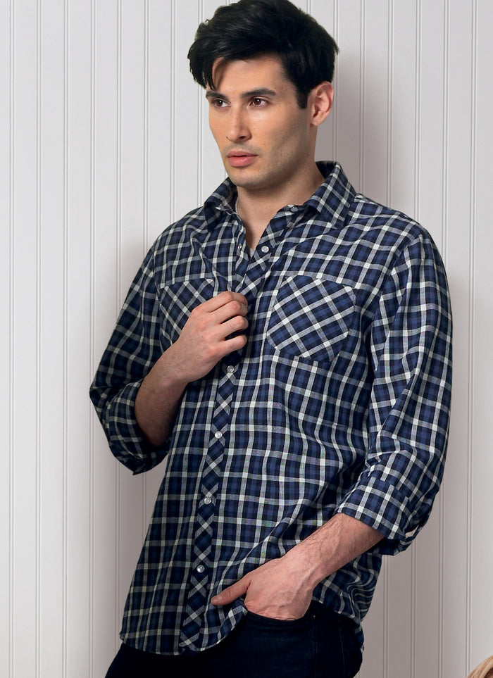 Butterick sewing pattern B6841 for unisex fitted button-down shirts with pointed collar, self-lined yoke, and classic details.