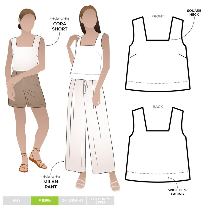 Image of the Byron Woven Top sewing pattern, highlighting the square neck, sleeveless design, and deep hem facing with topstitching, suitable for various elegant fabrics.