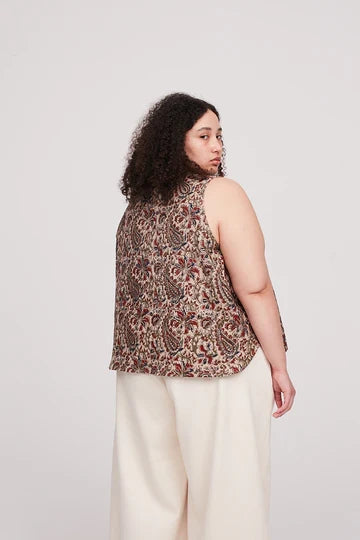 Cara Top Multi-Size Pdf Pattern. A lightweight Cara Top in breezy muslin, featuring French seam construction and optional double fold hem or flat binding finish, available in sizes 4-28
