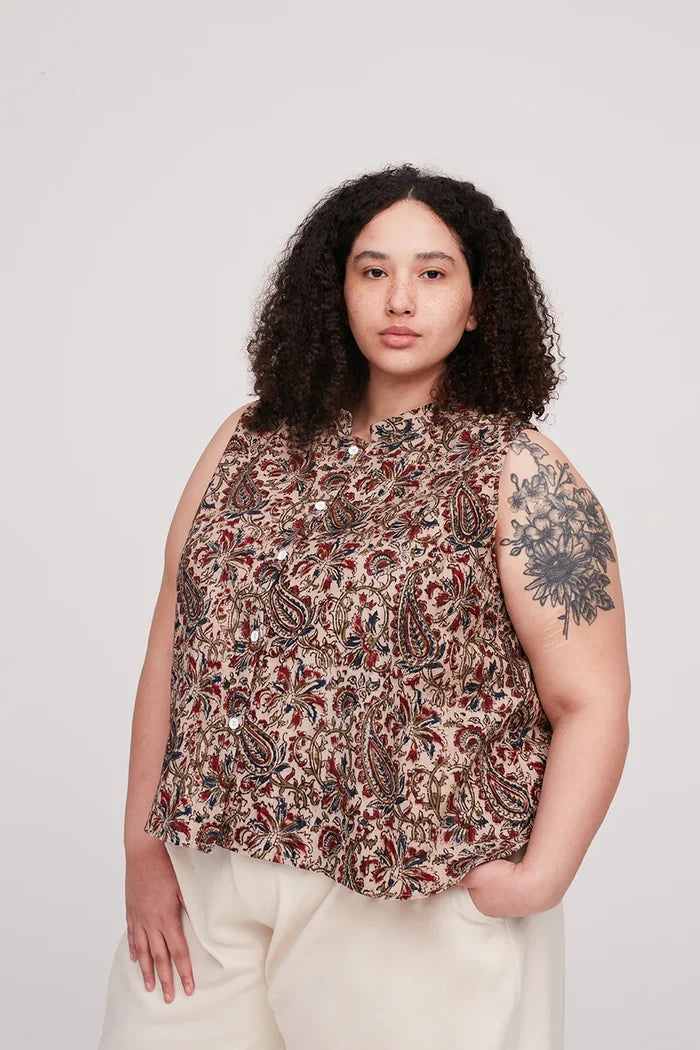 Cara Top Multi-Size Pdf Pattern. A lightweight Cara Top in breezy muslin, featuring French seam construction and optional double fold hem or flat binding finish, available in sizes 4-28