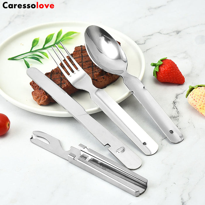 Caressolove 4-in-1 Camping Flatware Set, Portable Stainless Steel Flatware Spoon Fork, Knife and Bottle Opener Combo Pack For Picnic Barbecue