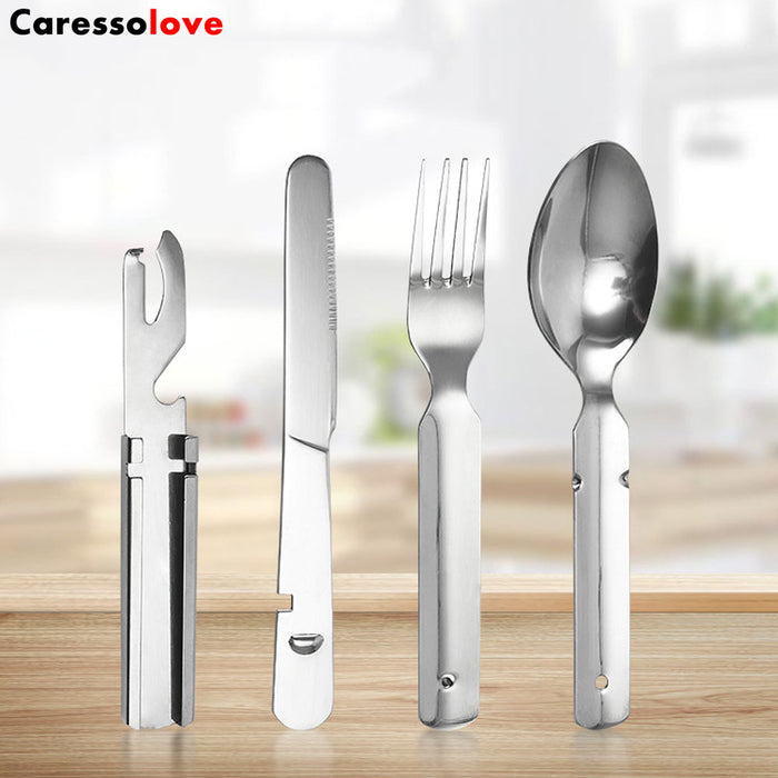 Caressolove 4-in-1 Camping Flatware Set, Portable Stainless Steel Flatware Spoon Fork, Knife and Bottle Opener Combo Pack For Picnic Barbecue