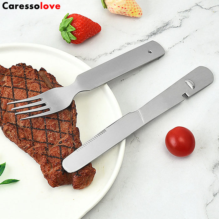 Caressolove 4-in-1 Camping Flatware Set, Portable Stainless Steel Flatware Spoon Fork, Knife and Bottle Opener Combo Pack For Picnic Barbecue