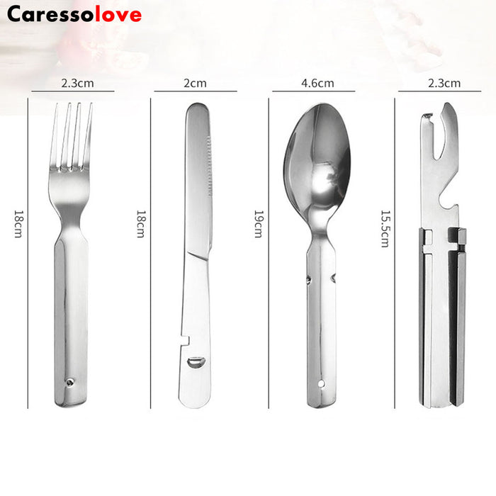 Caressolove 4-in-1 Camping Flatware Set, Portable Stainless Steel Flatware Spoon Fork, Knife and Bottle Opener Combo Pack For Picnic Barbecue
