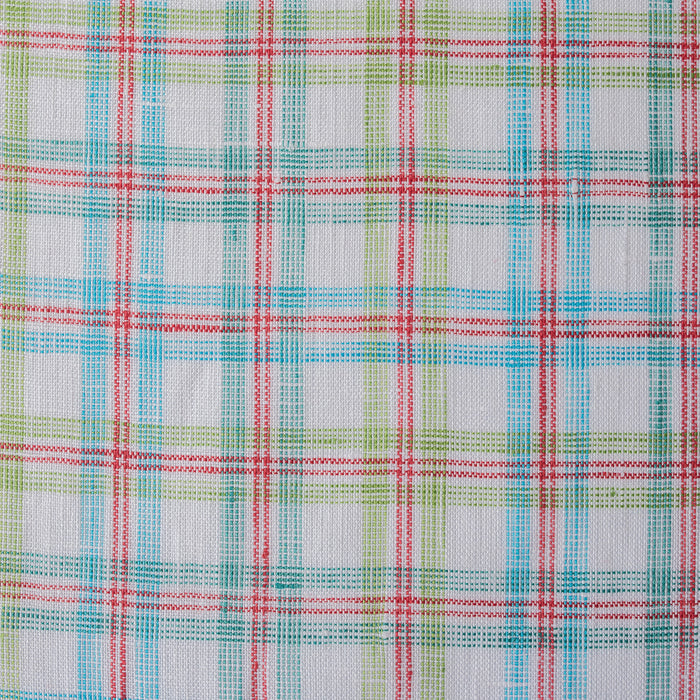 Colorful Carnival Check Linen Fabric featuring a mix of aqua, green, and red threads on white, suitable for a variety of light and airy garments.