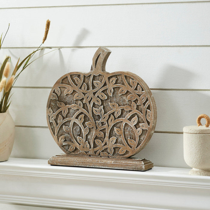 Carved Natural Wood Harvest Vine Pumpkin - 12x11" - Primitive Star Quilt Shop