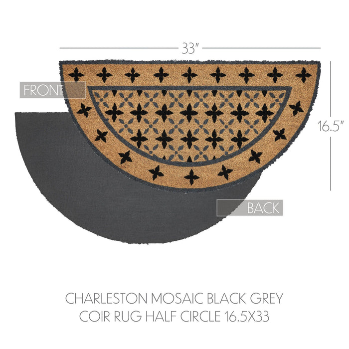 Charleston Mosaic Black and Gray Coir Half Circle Rug 16.5x33" - Primitive Star Quilt Shop