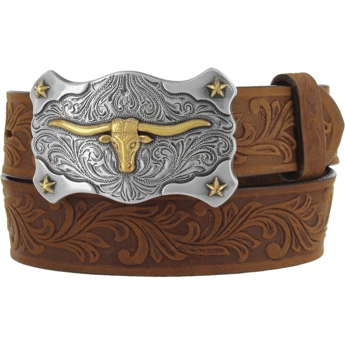 A brown Western style child's belt with a tan leather strap, floral tooled pattern, and a two-tone antiqued long horn buckle.
Front View