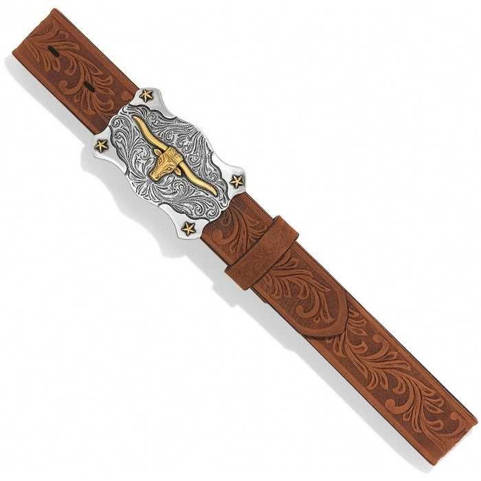 A brown Western style child's belt with a tan leather strap, floral tooled pattern, and a two-tone antiqued long horn buckle.