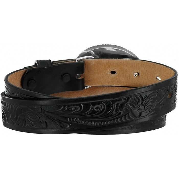 Children's Justin Black Champion tooled leather Western style belt with a silver buckle featuring the brand name 'Justin' and the word 'Champion'. Rear View