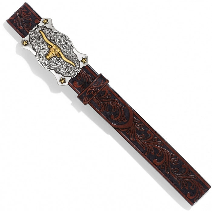 Children's Western style leather belt with aged bark color leather and a tooled floral pattern, featuring a two-tone antiqued long horn buckle with a floral design.