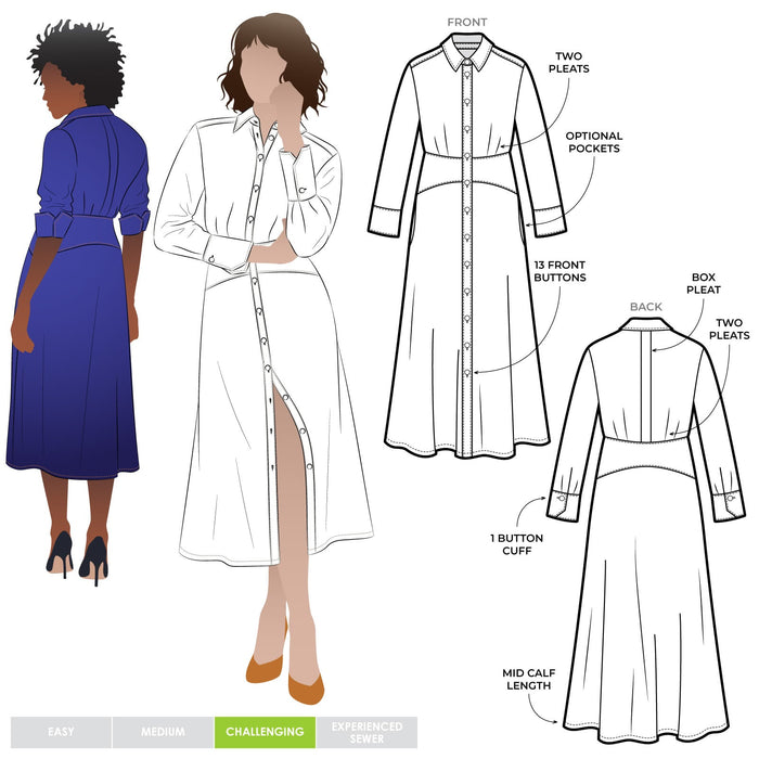 Sophisticated Christina Woven Dress pattern with long sleeves, turn back cuffs, and a mid-body fitted yoke, designed for a refined look