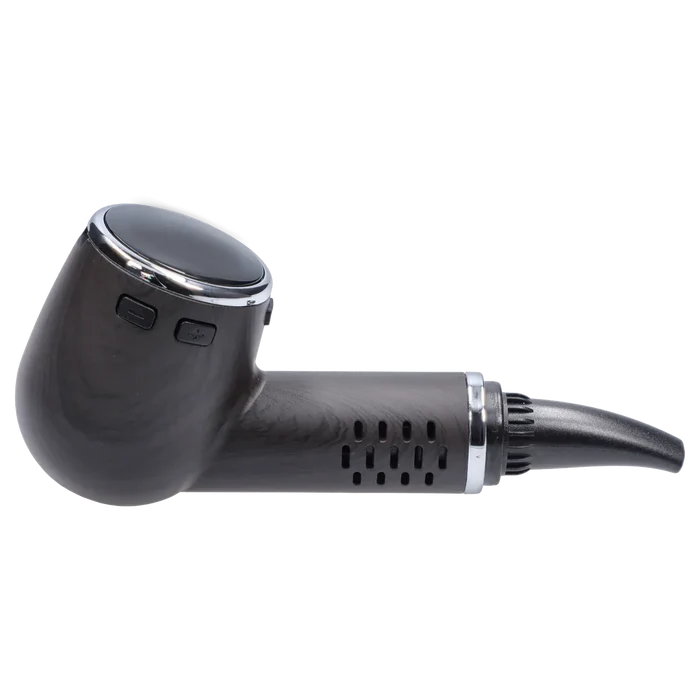 Side view of the Cipher Nautilus V3 Dry Herb Vaporizer - Black Wood showing its rounded chamber, chrome trim, dual buttons, vented body, and angled mouthpiece.