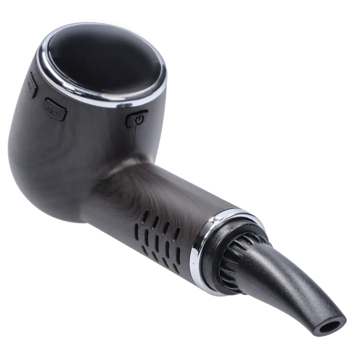 Close-up angled view of the Cipher Nautilus V3 Dry Herb Vaporizer - Black Wood showing the rounded top display, wood-grain body, chrome trim, and black mouthpiece.