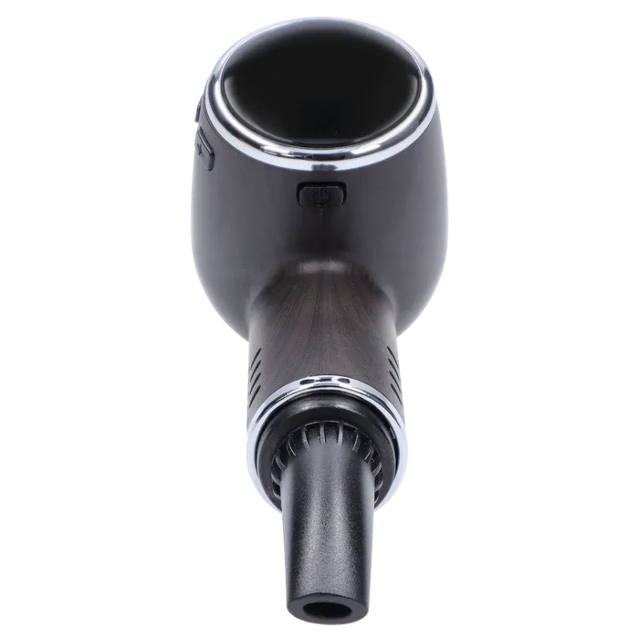 Top-down close-up of the black wood Cipher Nautilus V3 Dry Herb Vaporizer showing its round glossy top, power button, and mouthpiece.