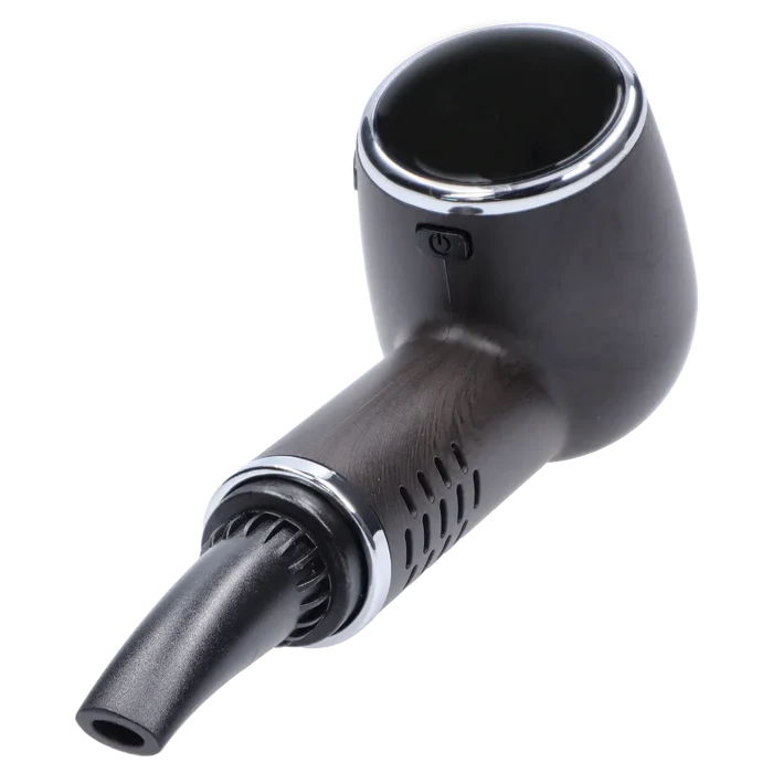 Angled close-up of the black wood Cipher Nautilus V3 Dry Herb Vaporizer showing its bowl, power button, and angled mouthpiece against a white background