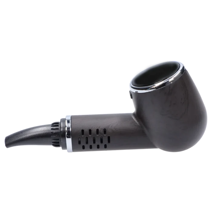 Side profile of the black wood Cipher Nautilus V3 Dry Herb Vaporizer showing its curved bowl, chrome trim, and mouthpiece on a white background