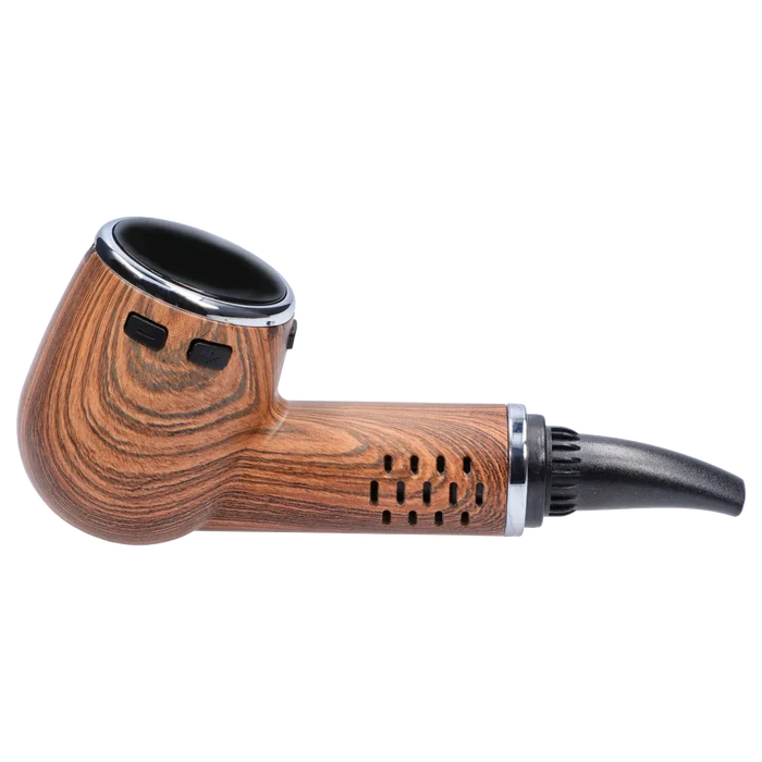 Side profile of the Cipher Nautilus V3 Dry Herb Vaporizer - Palm Wood showing its wood-grain body, black mouthpiece, and angled bowl rim.