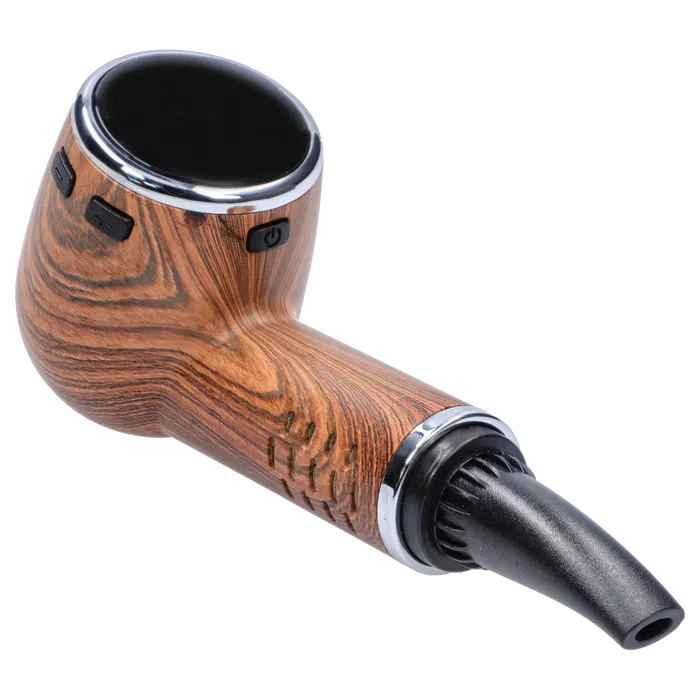 Angled close-up of the Cipher Nautilus V3 Dry Herb Vaporizer - Palm Wood showing its curved palm-wood body, glossy black top and angled black mouthpiece.