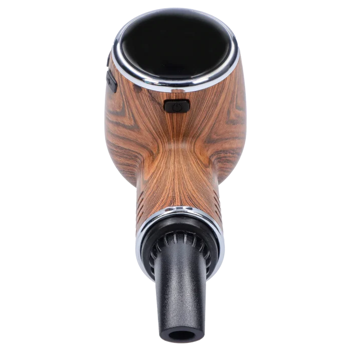 Top-down close-up of the Cipher Nautilus V3 Dry Herb Vaporizer - Palm Wood showing its round black top, wood-grain body, power button, and mouthpiece.
