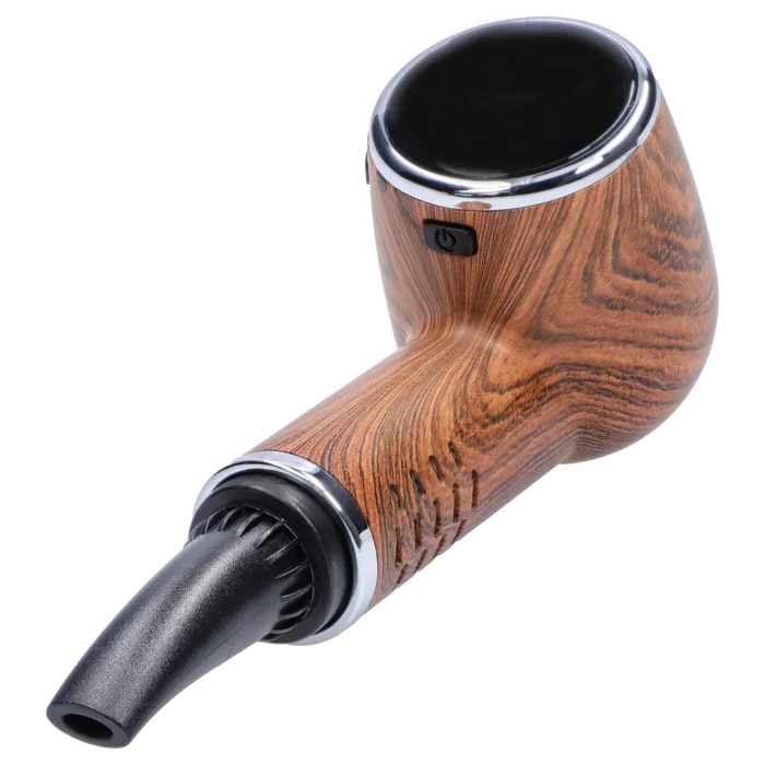Angled close-up of the Cipher Nautilus V3 Dry Herb Vaporizer - Palm Wood showing its wood-grain body, chrome rim, power button, and black mouthpiece.