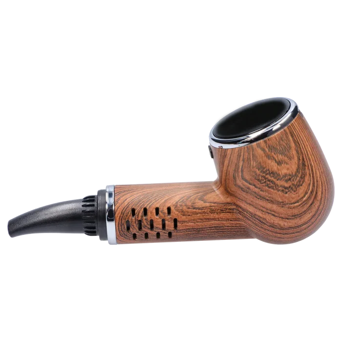 Side profile of the Cipher Nautilus V3 Dry Herb Vaporizer - Palm Wood showing its wood-grain body, black mouthpiece, and chrome-trimmed bowl.