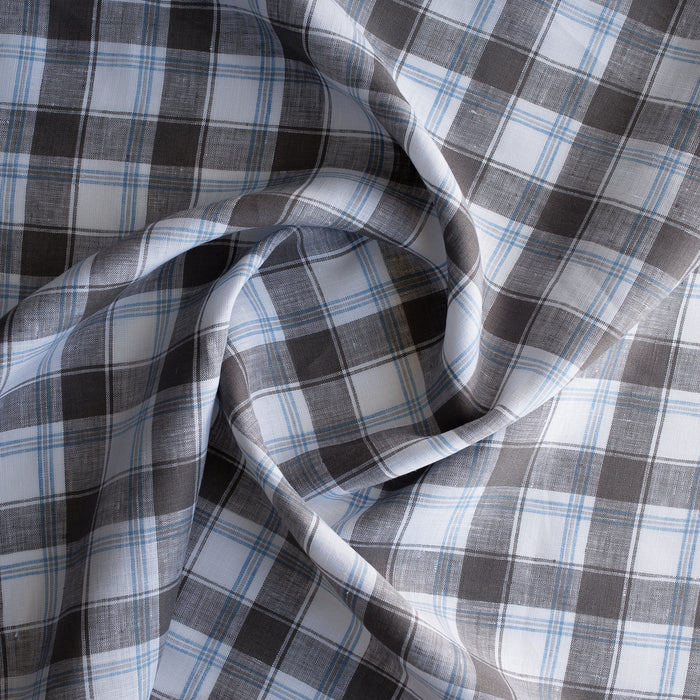 Classic Slate Plaid Linen Fabric – grey and blue check pattern on white background, 100% linen