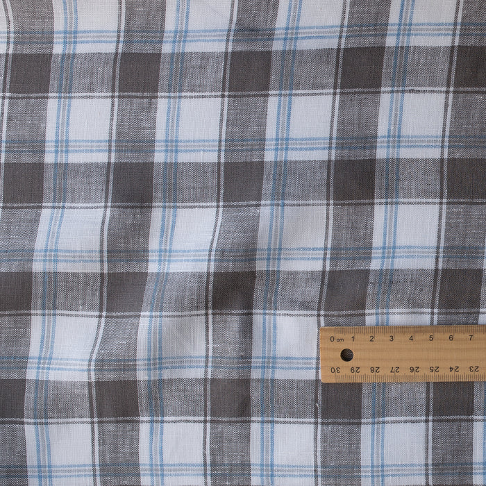 Classic Slate Plaid Linen Fabric – grey and blue check pattern on white background, 100% linen