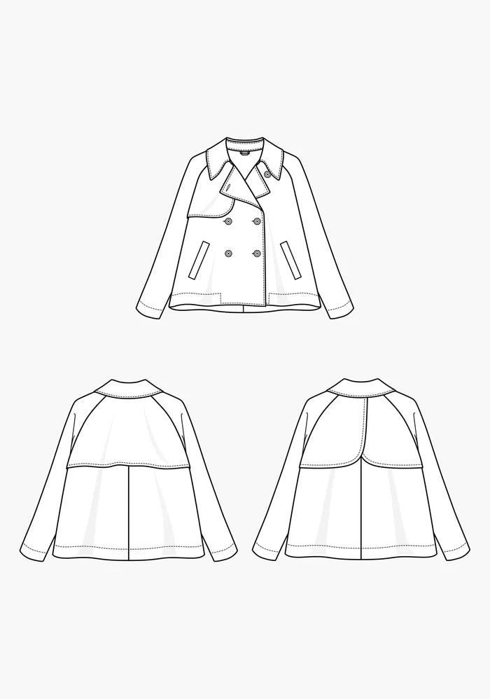 Grainline Studio Cortland Trench sewing pattern with modern swing shape, storm flaps, and bound seams for durability