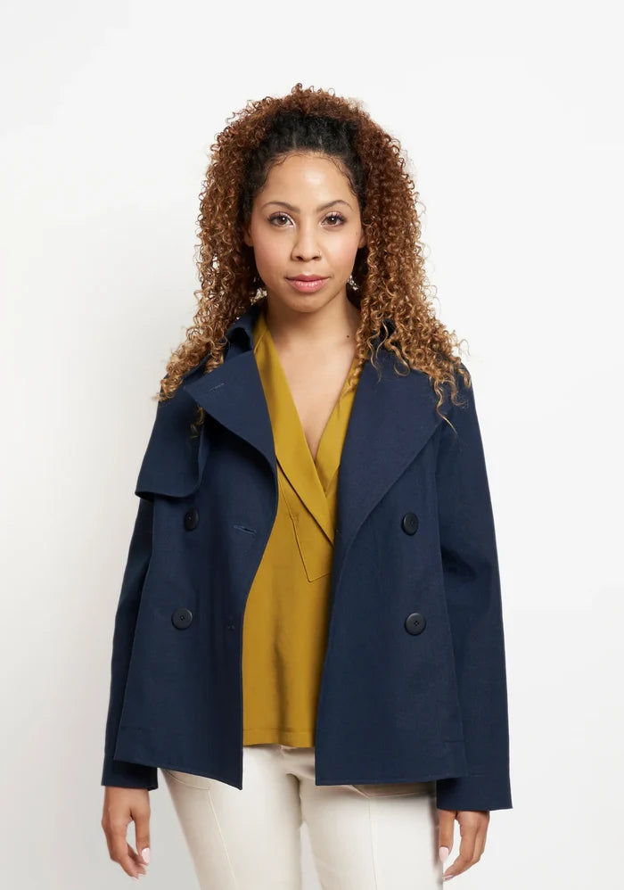 Grainline Studio Cortland Trench sewing pattern with modern swing shape, storm flaps, and bound seams for durability