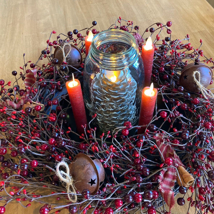 Country Berry Rusty Bell Centerpiece with Candles - Primitive Star Quilt Shop