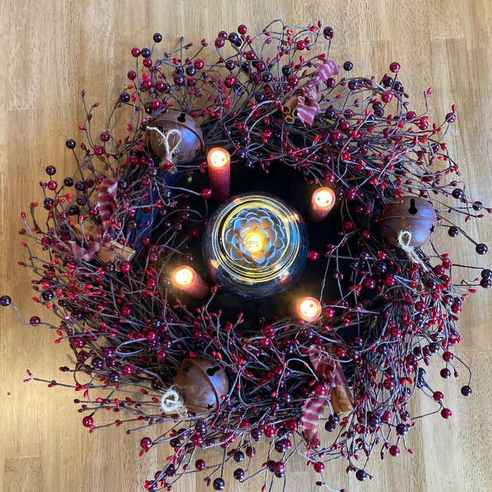 Country Berry Rusty Bell Centerpiece with Candles - Primitive Star Quilt Shop