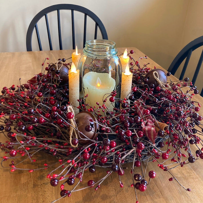 Country Berry Rusty Bell Centerpiece with Candles Ivory- Primitive Star Quilt Shop