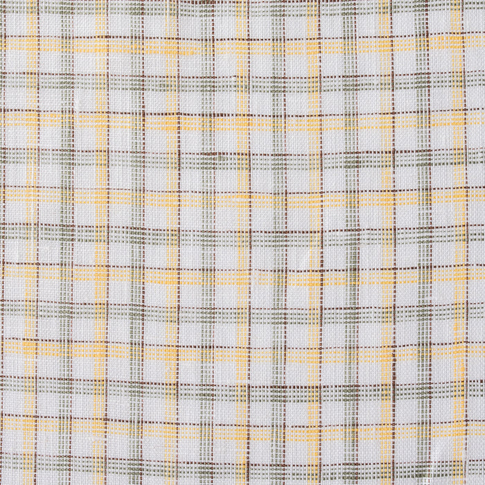 Country Lane Plaid Linen Fabric featuring moss green, light yellow, and brown threads on a cream background, ideal for creating small-scale, fine plaid garments.