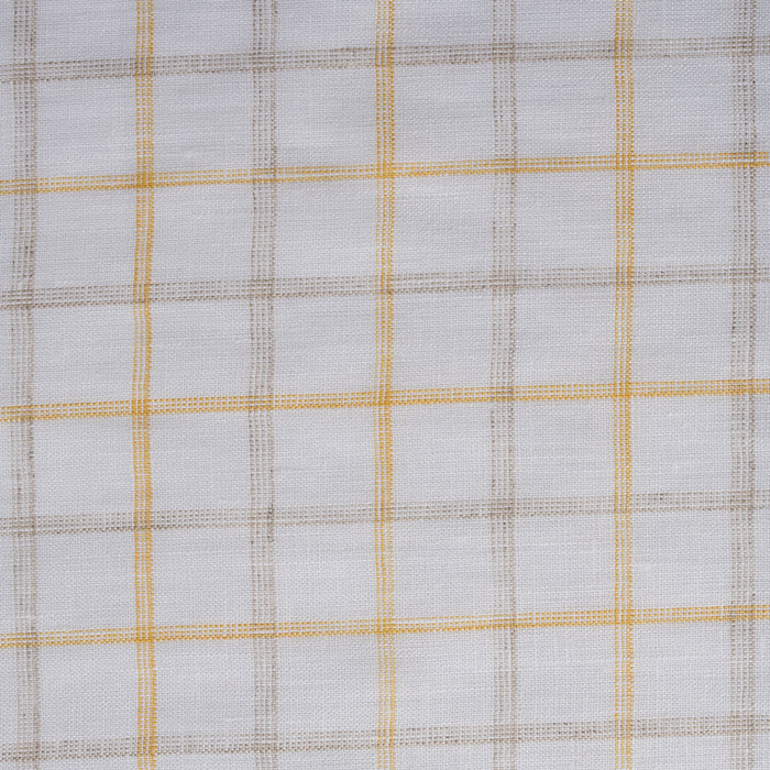 Creamy Lemon Oatmeal Check Linen Fabric, featuring sunshine yellow and earthy checks on white linen, with a fine weave for a soft feel and elegant drape.