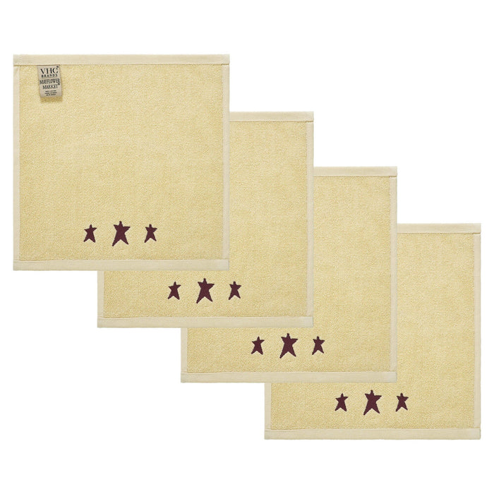 Creme with Burgundy Prim Stars Washcloth - Set of 4 - Primitive Star Quilt Shop