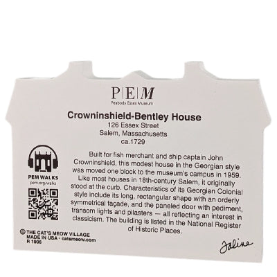 Decorative wood block of the Crowninshield-Bentley House with informative text on the reverse.