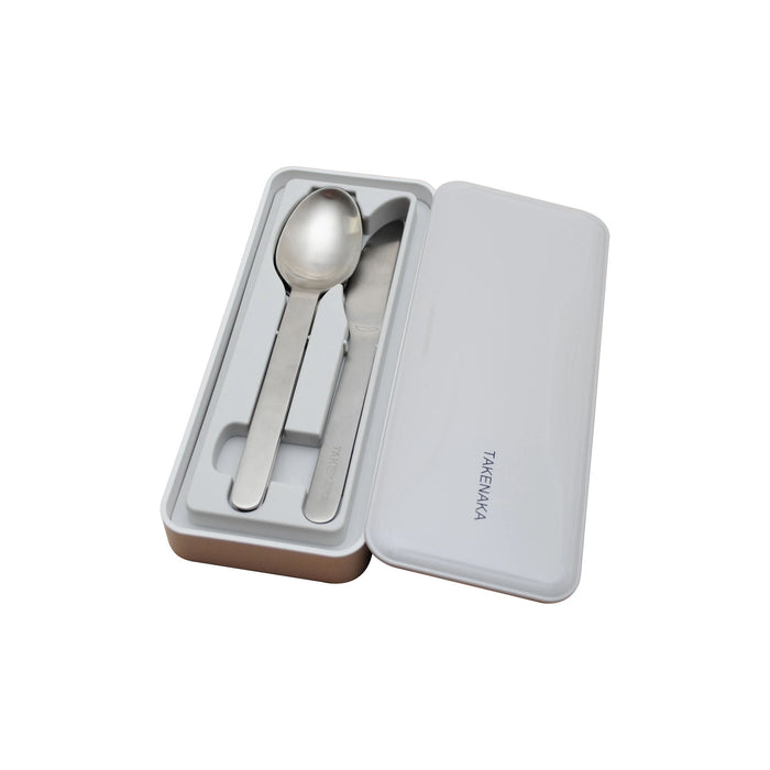 A gray Cutlery Case containing a set of Stainless Fork, Knife, and Spoon