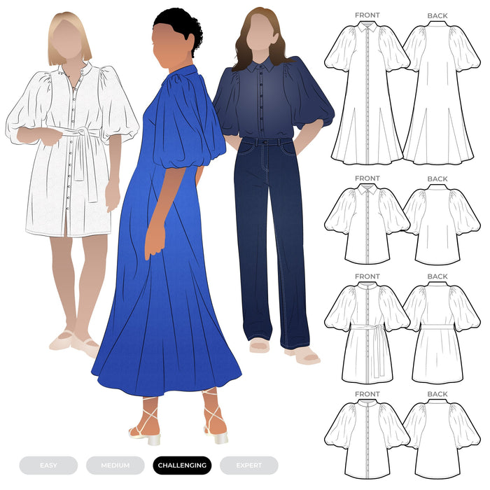 Dallas woven shirt and dress sewing pattern in line draw