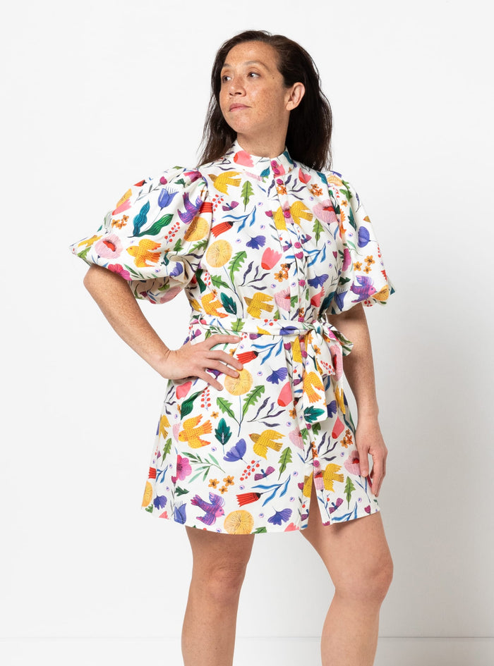Dallas woven shirt and dress sewing pattern in floral printed fabric