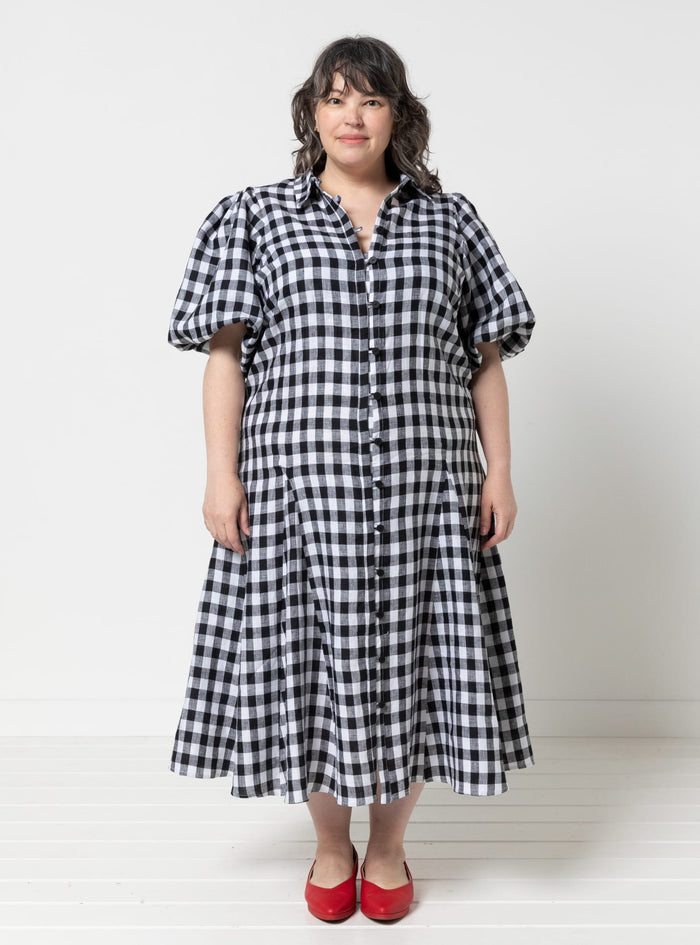 Dallas woven shirt and dress sewing pattern in black and white gingham