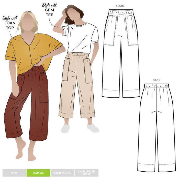 Contemporary Darby Woven Pant pattern with a wide leg, elastic waist, and convenient patch pockets, designed for a fashionable and easy fit.