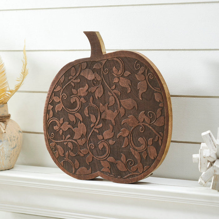 Dark Wooden Carved Vine Pumpkin - 14x14" - Primitive Star Quilt Shop
