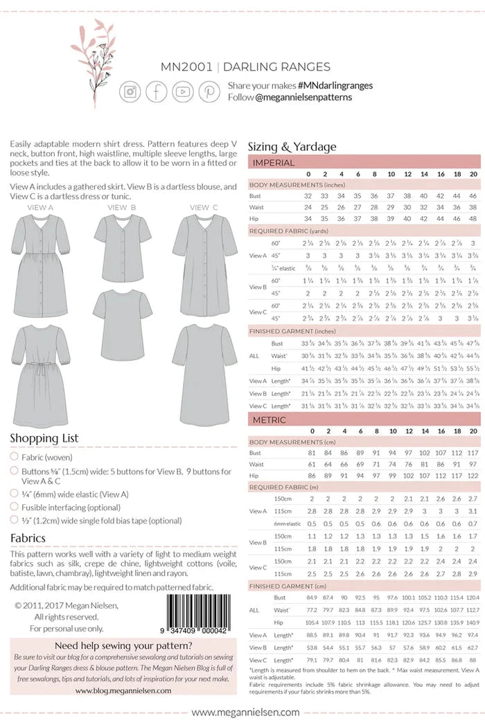 Versatile Darling Ranges dress and blouse pattern with deep v-neck, high waistline, and multiple sleeve lengths, suitable for a range of fabrics and styles.