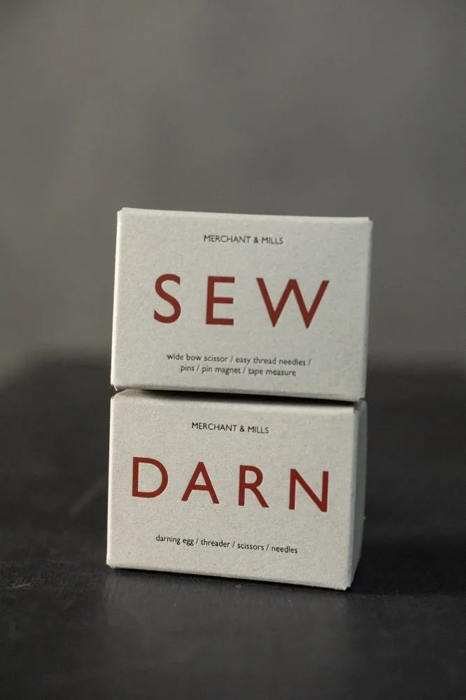 Merchant & Mills Darn Box with darning egg, scissors, needles, and threader for garment repair