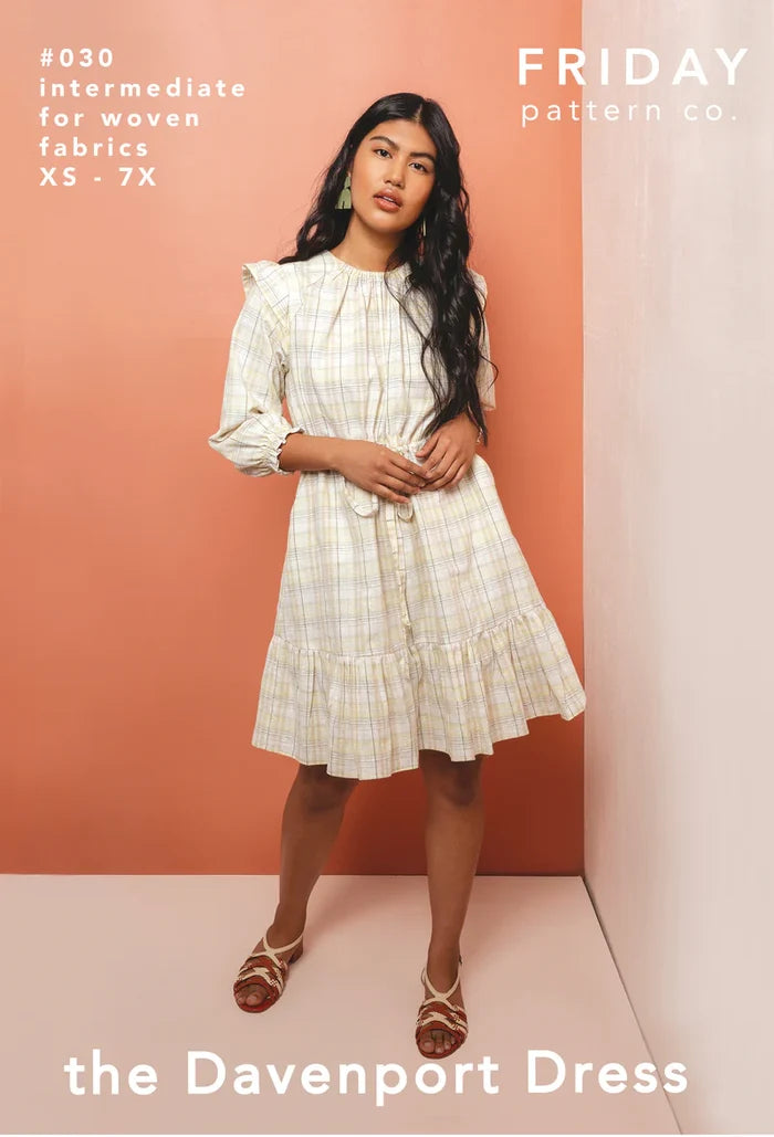 Davenport Dress Sewing Pattern – pull-on ruffle sleeve dress with elastic waist & pockets (XS–7X)